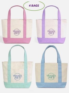 NEW Trader Joe's Pastel Canvas Tote Bag Set - Pink, Lavender, Mint, Blue